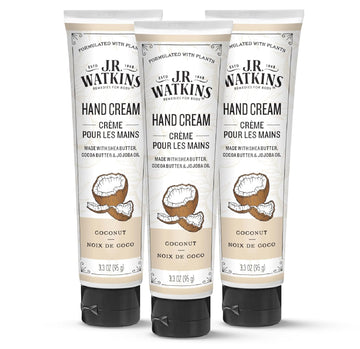 J.R. Watkins Natural Moisturizing Hand Cream, Hydrating Hand Moisturizer With Shea Butter, Cocoa Butter, And Avocado Oil, Usa Made And Cruelty Free, 3.3Oz, Coconut, 3 Pack