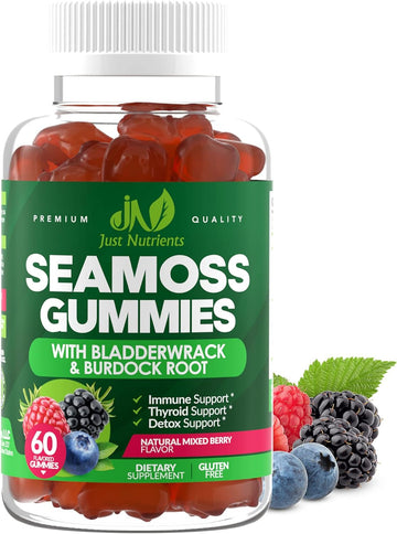 Sea Moss 3000Mg Gummies With Bladderwrack And Burdock Root - Natural Irish Sea Moss For Immune, Thyroid And Detox Support - Extra Strength, Great Tasting - Gluten-Free, Vegan - 60 Gummies