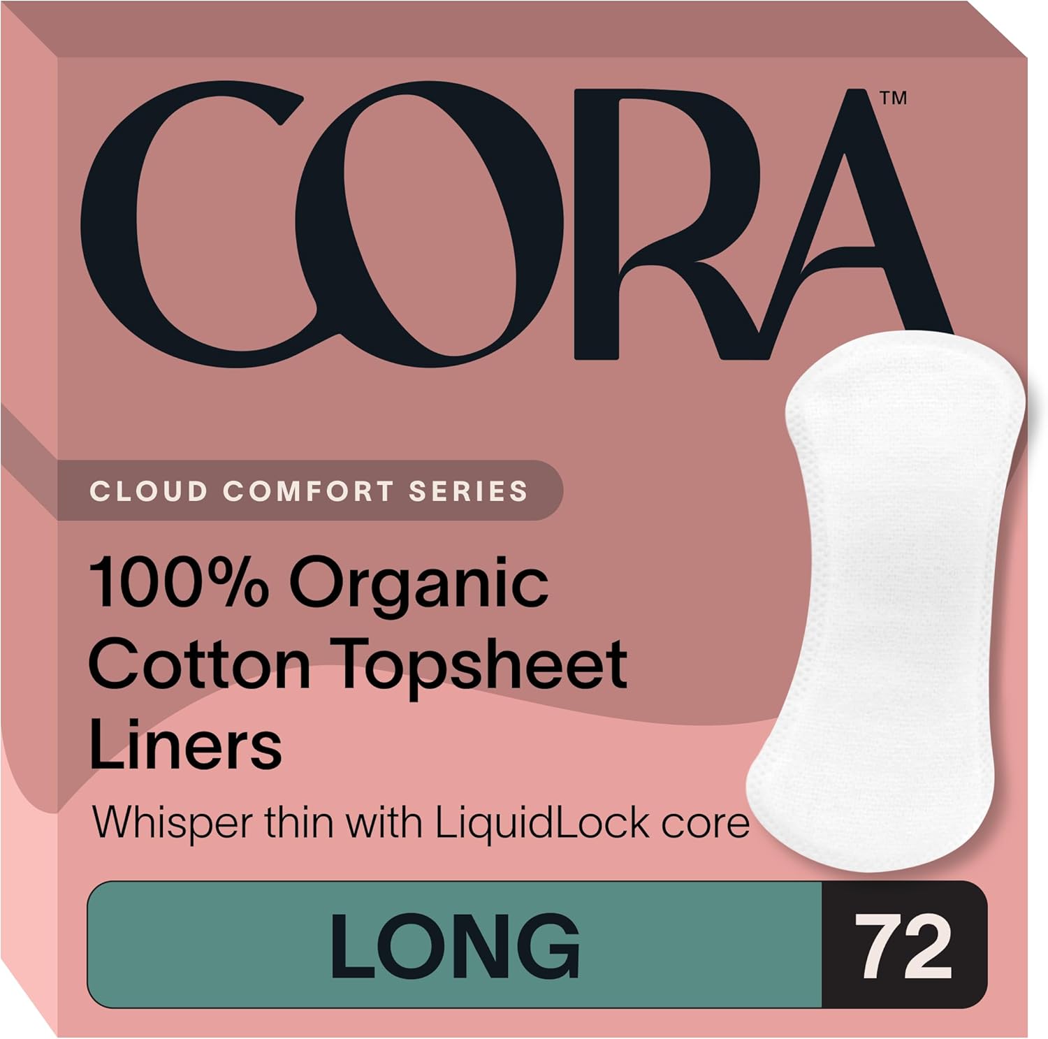 Cora Period Long Liners | 100% Organic Cotton Topsheet | Ultra Thin, Quick Absorbency | Hypoallergenic | Dermatologically Tested | Unscented, No Wings (72 Long Liners)
