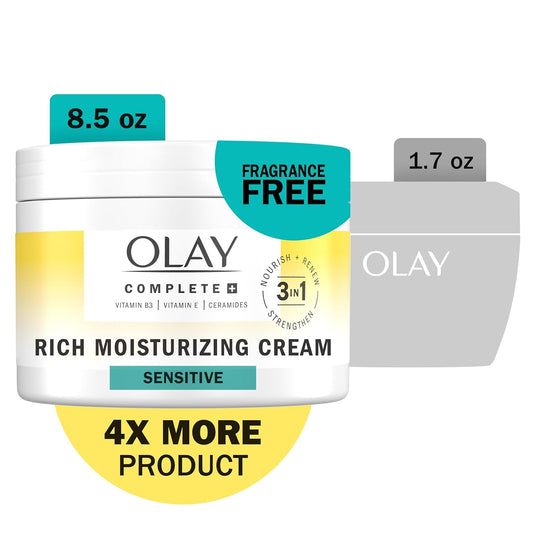 Olay Complete+ Rich Moisturizing Cream Fragrance-Free, 8.5 Oz, 3-In-1 Hydrating Face Cream For Dry Skin With Vitamin B3, Vitamin E, And Ceramides