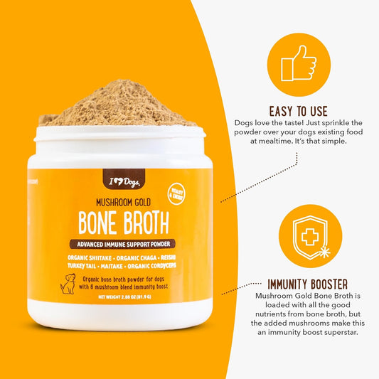 Iheartdogs Bone Broth For Dogs - Bone Broth & Mushroom Gold Powder Supplement For Immune System Support, Improved Mobility & Flexibility And Natural Detox - Turkey Tail Mushroom For Dogs