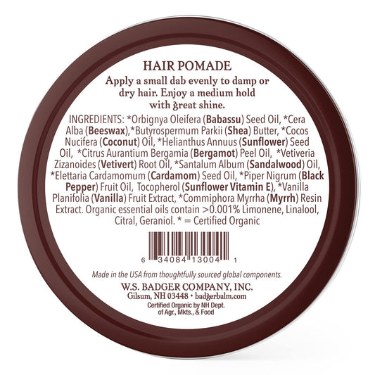 Badger - Hair Pomade, Certified Organic, Medium Hold Hair Pomade With Great Shine, Essential Oils, Mens Hair Pomade, 2Oz