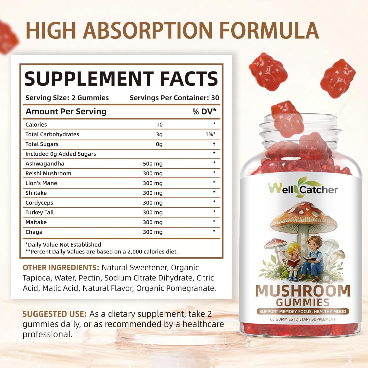 Lion'S Mane Mushroom Gummies For Adults - Mushroom Complex Supplement Gummies For Kids Focus And Energy Sugar Free With Cordyceps Green Tea, Mood Gummies Organic Vegan Non Gmo Orange Flavor 60Ct