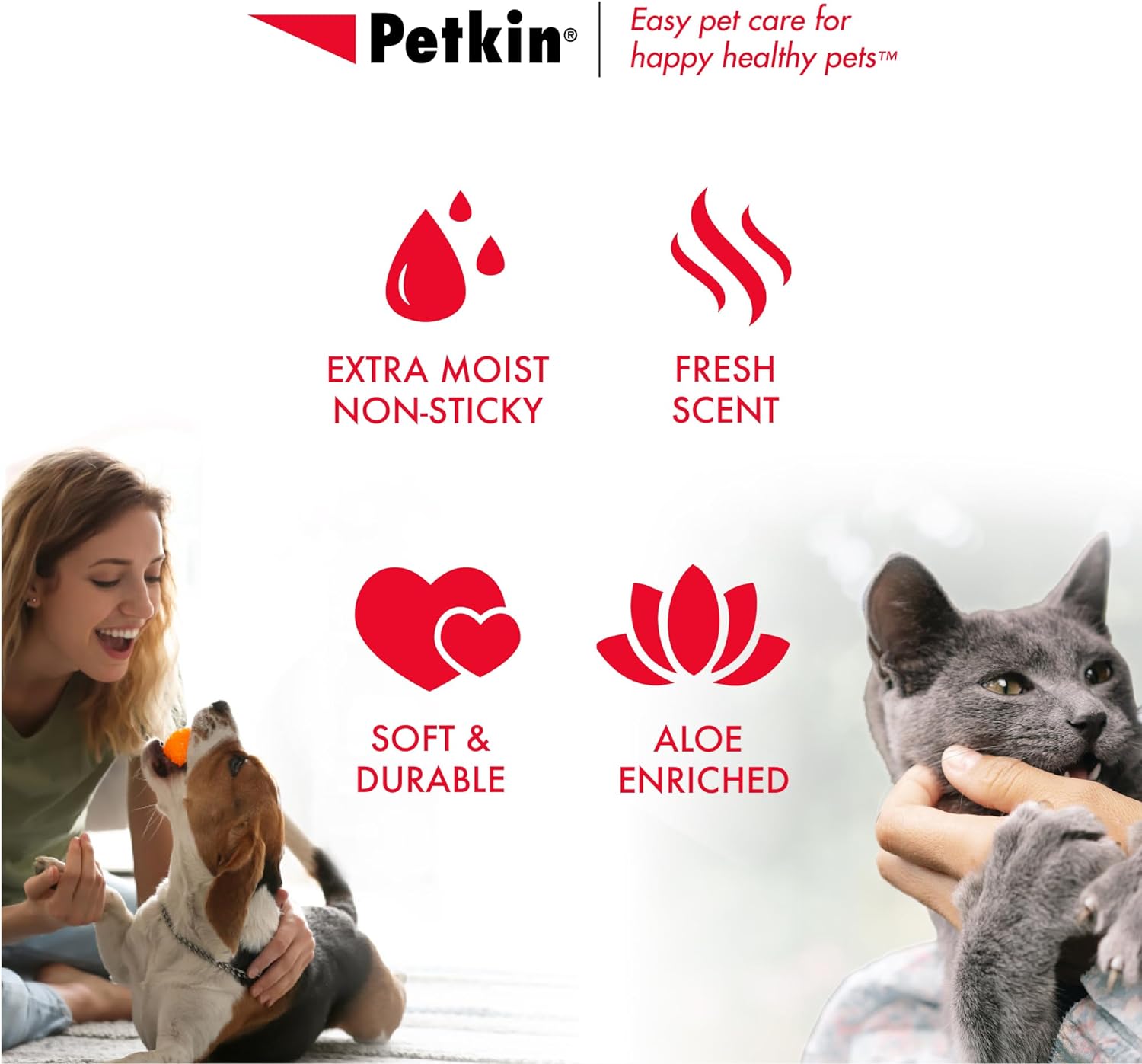 Petkin Pet Wipes for Dogs and Cats, 400 Large Wipes - Removes Dirt & Odor Like Washing Hands - Cleans Ears, Face, Butt, Eye Area - Convenient, Ideal for Home or Travel - 4 Packs of 100 Wipes