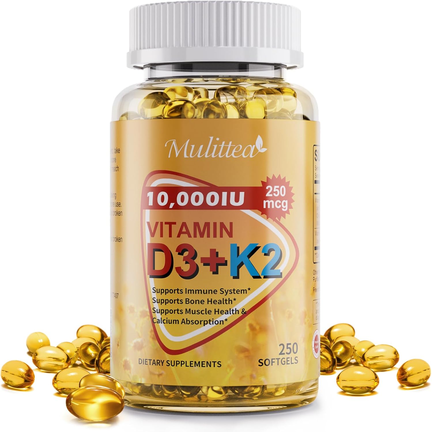 Plant-Based D3 K2 Vitamin 10000 Iu W/Virgin Coconut Mct Oil - 200 Mcg Mk7 Vitamin K2, Non-Gmo For Ultimate Absorption - Bone, Immune & Heart Health - Easy To Swallow D & K Supplement - 250 Softgels