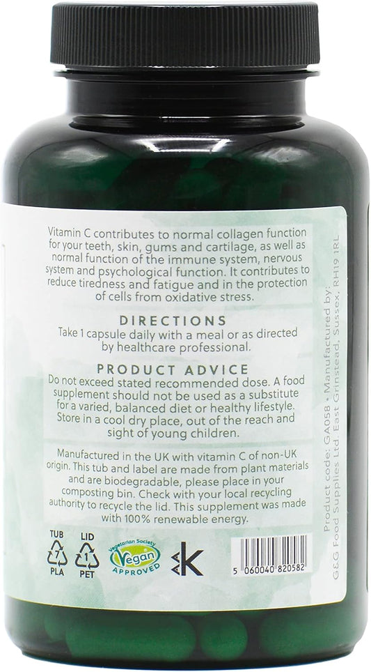 High Strength Vitamin C Capsules | 1000Mg Vitamin C Per Capsule | 120 Vegan Capsules | With Rosehip And Acerola | G&G Vitamins