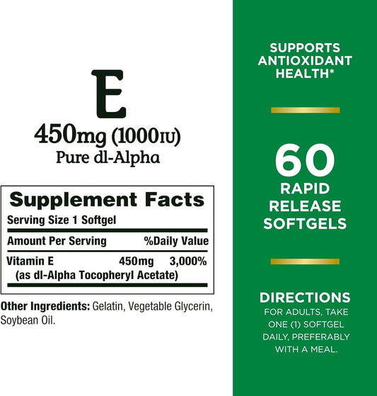 Nature'S Bounty Vitamin E 1000 Iu Softgels, Supports Antioxidant Health & Immune System, 1 Pack, 60 Softgels