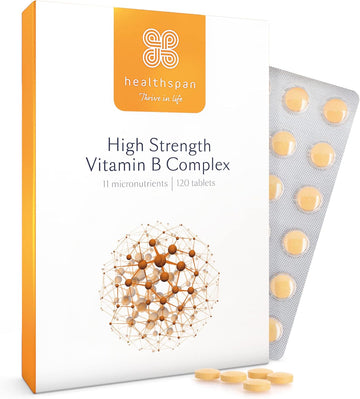 Healthspan High Strength Vitamin B Complex (120 Tablets) | High Levels of All 8 B-Complex Vitamins | Supports Brain & Heart Health | Immune Health | Reduces Tiredness & Fatigue | with Choline | Vegan