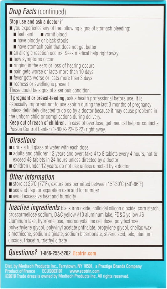 Ecotrin Low Strength Safety Coated Aspirin | Nsaid | 81Mg | 365 Tablets (2 Pack)