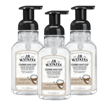 J.R. Watkins Foaming Hand Soap Pump With Dispenser, Moisturizing All Natural Hand Soap Foam, Alcohol-Free Hand Wash, Cruelty-Free, Usa Made, Use As Kitchen Or Bathroom Soap, Coconut, 9 Fl Oz, 3 Pack