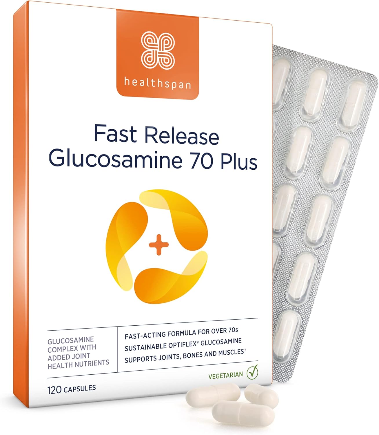 Healthspan Fast Release Glucosamine 70 Plus | 120 Capsules | With Vitamin C & Vitamin D3 | Easy To Digest | Calcium | Ginger | Vegetarian