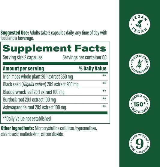 Megafood Sea Moss Complex - Irish Sea Moss 7000Mg Per Serving Plus Black Seed Oil, Burdock Root, Bladderwrack & Ashwagandha - Vegan Gut Health & Immune Support Supplement, 120 Capsules, 60 Servings