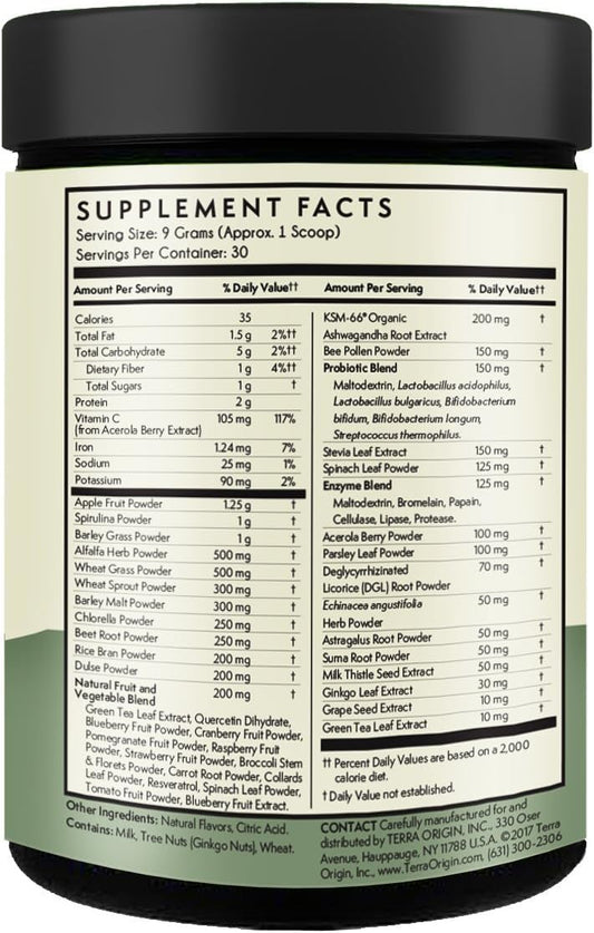 Terra Origin Greens Powder For Immune Defense And Digestive Support | With Spirulina, Probiotics, Organic Vegetables, Digestive Enzymes | Non-Gmo | 30 Servings | Mint Flavor