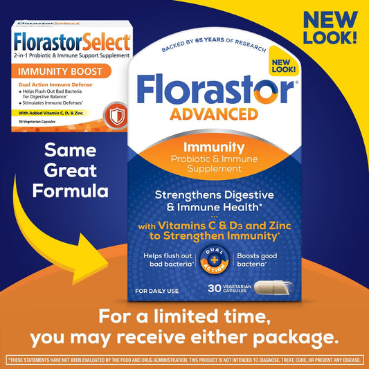 Florastor Select Immunity Boost Daily Probiotic & Immune Support Supplement For Women And Men, Saccharomyces Boulardii Cncm I-745 Plus Zinc, Vitamin C & D3 (30 Capsules)