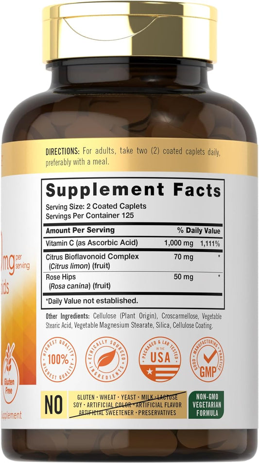 Carlyle Vitamin C 1000Mg With Bioflavonoids | 250 Caplets | With Rose Hips | Vegetarian, Non-Gmo, Gluten Free