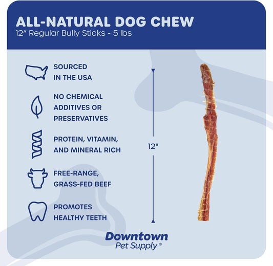 Downtown Pet Supply 12-inch Bully Sticks for Dogs, 5 LB - USA Sourced, No Hide Dog Chews Long Lasting and Non-Splintering - Nutrient-Rich, Single Ingredient and Odor Free Bully Sticks for Dogs