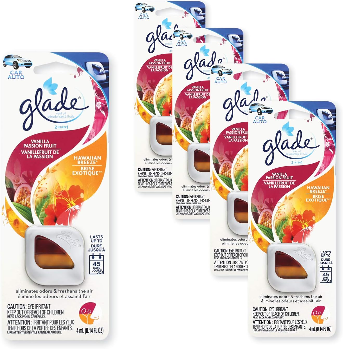 Glade - 805912 Automotive Vent Oil Air Freshener: 2-in-1 Hawaiian Breeze & Vanilla Passion Fruit; 4mL, 4 Count