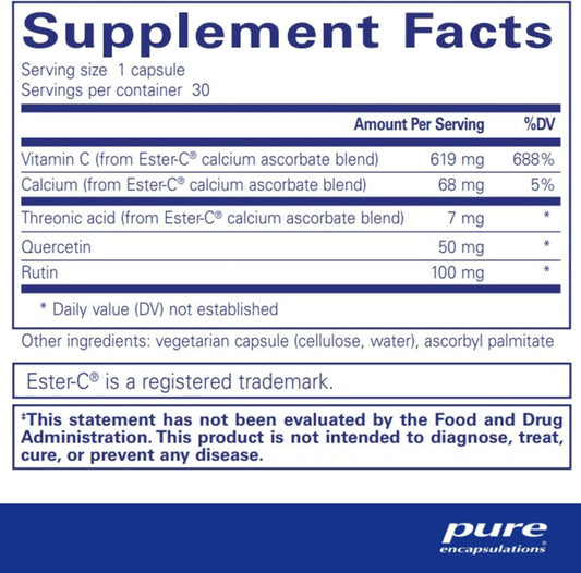 Pure Encapsulations Ester-C & Flavonoids - Vitamin C Supplement For Antioxidants - Immune & Vascular Support* With Calcium & Rutin - Gentle On Digestion - Vegan & Non-Gmo - 30 Capsules