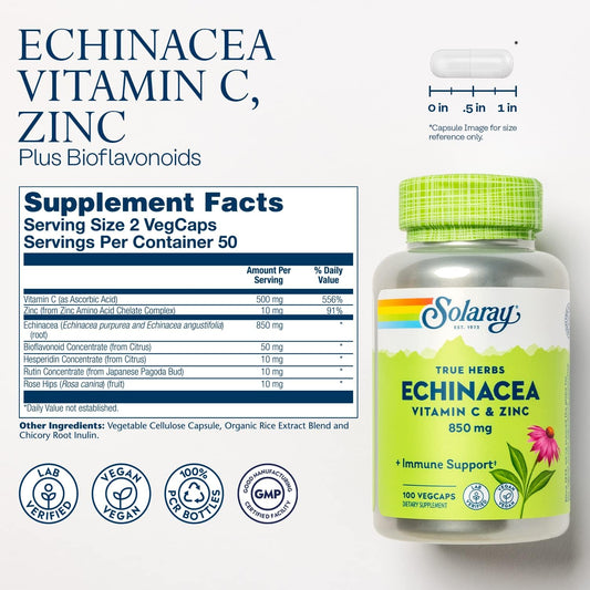 Solaray Echinacea Vitamin C & Zinc 850Mg Plus Bioflavonoids, Echinacea Capsules For Healthy Immune Support, Vegan, Lab Verified, 60-Day Money-Back Guarantee, 50 Servings, 100 Vegcaps