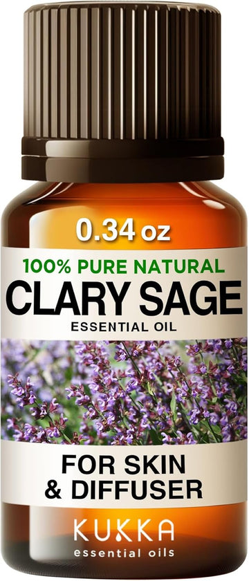 Kukka Clary Sage Essential Oil For Diffuser - 100% Natural Clary Sage Oil Essential Oil - Clary Sage Essential Oil For Skin Hair & Aromatherapy - Soap Making Scent & Diy (0.34 Fl Oz)