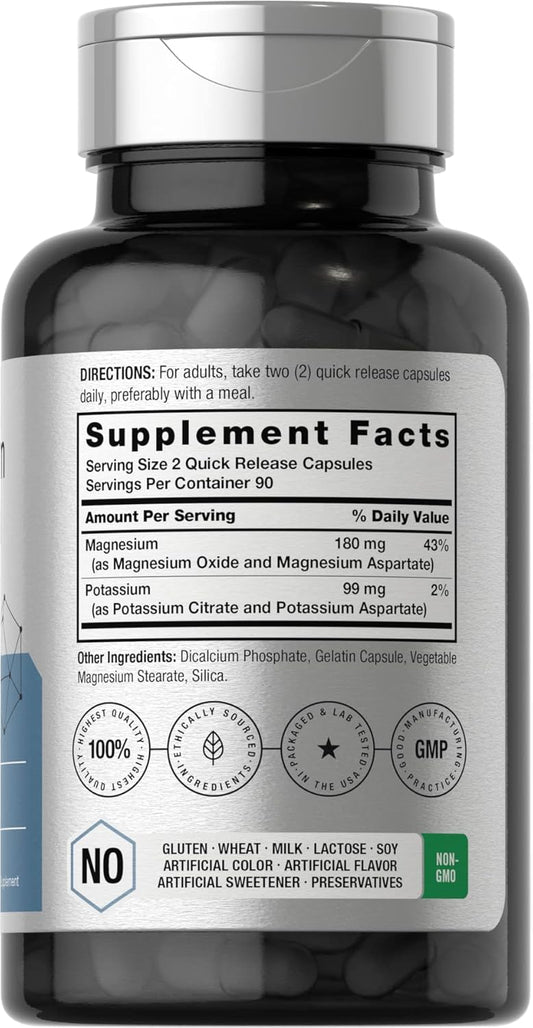 Horbäach Magnesium Potassium Aspartate Complex | 180 Capsules | Non-Gmo And Gluten Free Formula