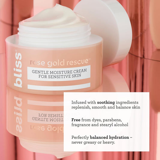 Bliss Rose Gold Rescue Moisturizer - 1.5 Oz - Gentle Face Cream - Soothing Rose Water & Nourishing Colloidal Gold for Sensitive Skin - Fragrance-Free - Clean - Vegan & Cruelty-Free