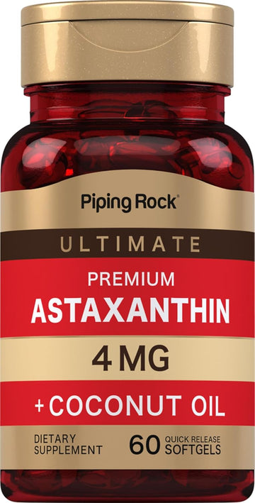 Piping Rock Astaxanthin 4mg | 60 Softgels | with Coconut Oil | Algae Extract Supplement | Non GMO, Gluten Free