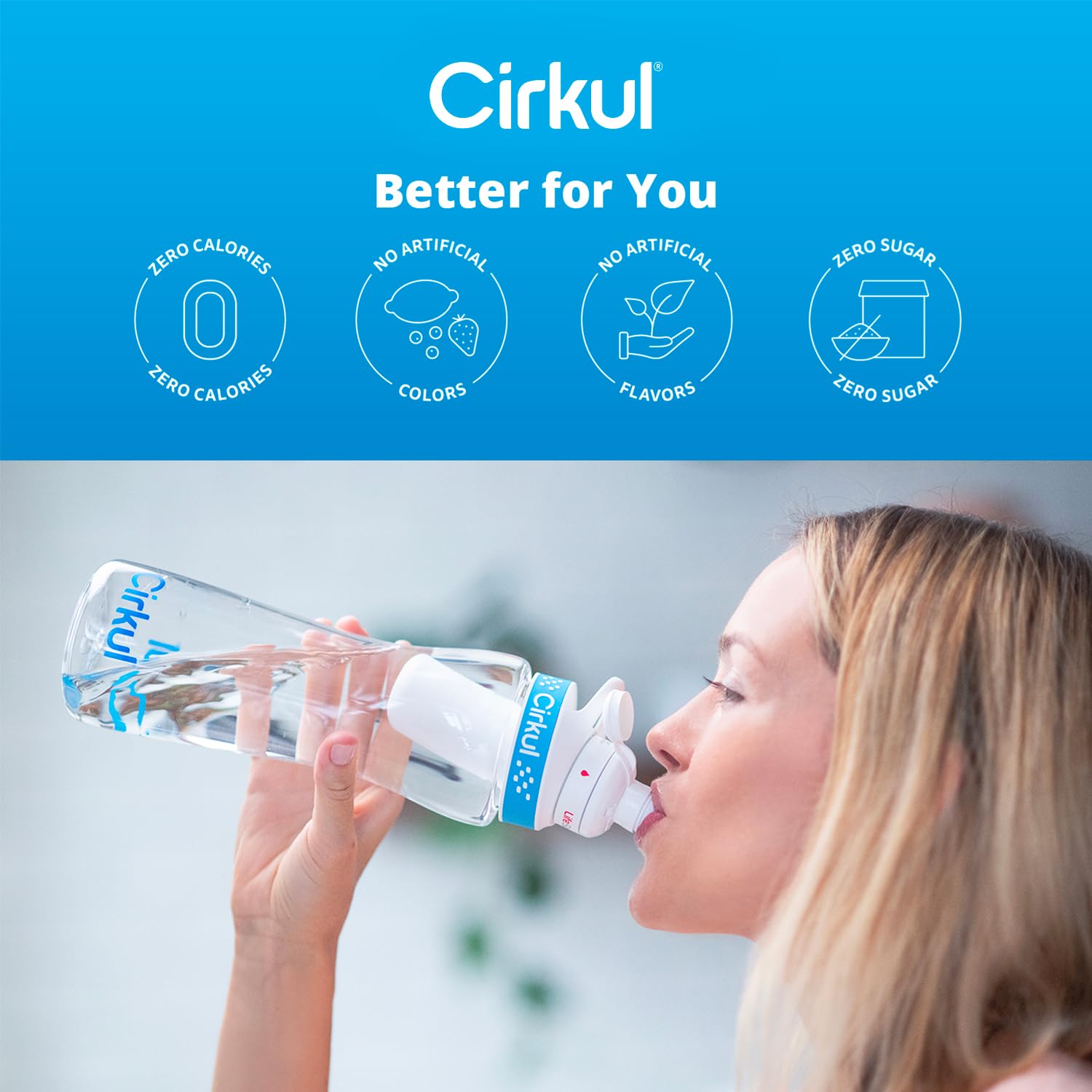 Cirkul 22Oz. Bpa-Free Plastic Water Bottle Starter Kit With Blue Lid, 2 Flavor Cartridges (1 Lifesip Fruit Punch, 1 Fitsip Mixed Berry) Zero Calories And No Sugar