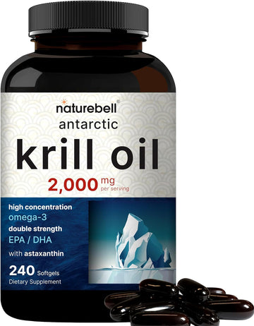 Antarctic Krill Oil 2000mg Supplement, 240 Softgels, 3X Strength Natural Source of Omega-3s, EPA 240mg + DHA 160mg + Astaxanthin 800mcg – No Fishy Aftertaste – Mercury Free & Non-GMO