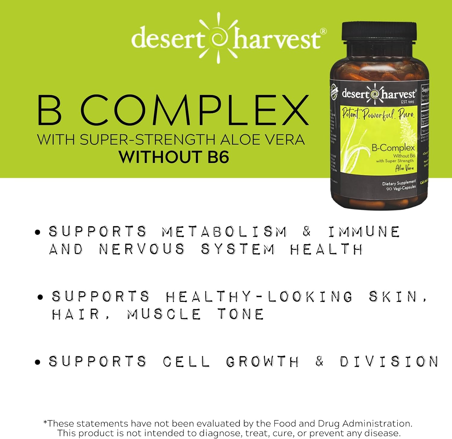 Product shot of Desert Harvest B-Complex Without B6 bottle and label