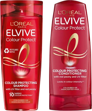 L'Oreal Paris Elvive Colour Protect Shampoo 250Ml And Conditioner 300Ml Set, Uv Filter, Red Peony, 10 Weeks Protection
