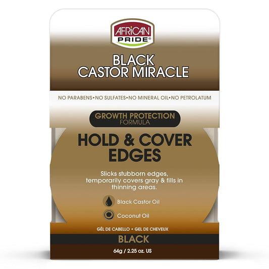 African Pride Black Castor Miracle Hold & Cover Edges - Slicks and Controls Edges, Covers Grays, Fills Thinning Areas, Contains Black Castor Oil & Coconut Oil, 2.25 oz