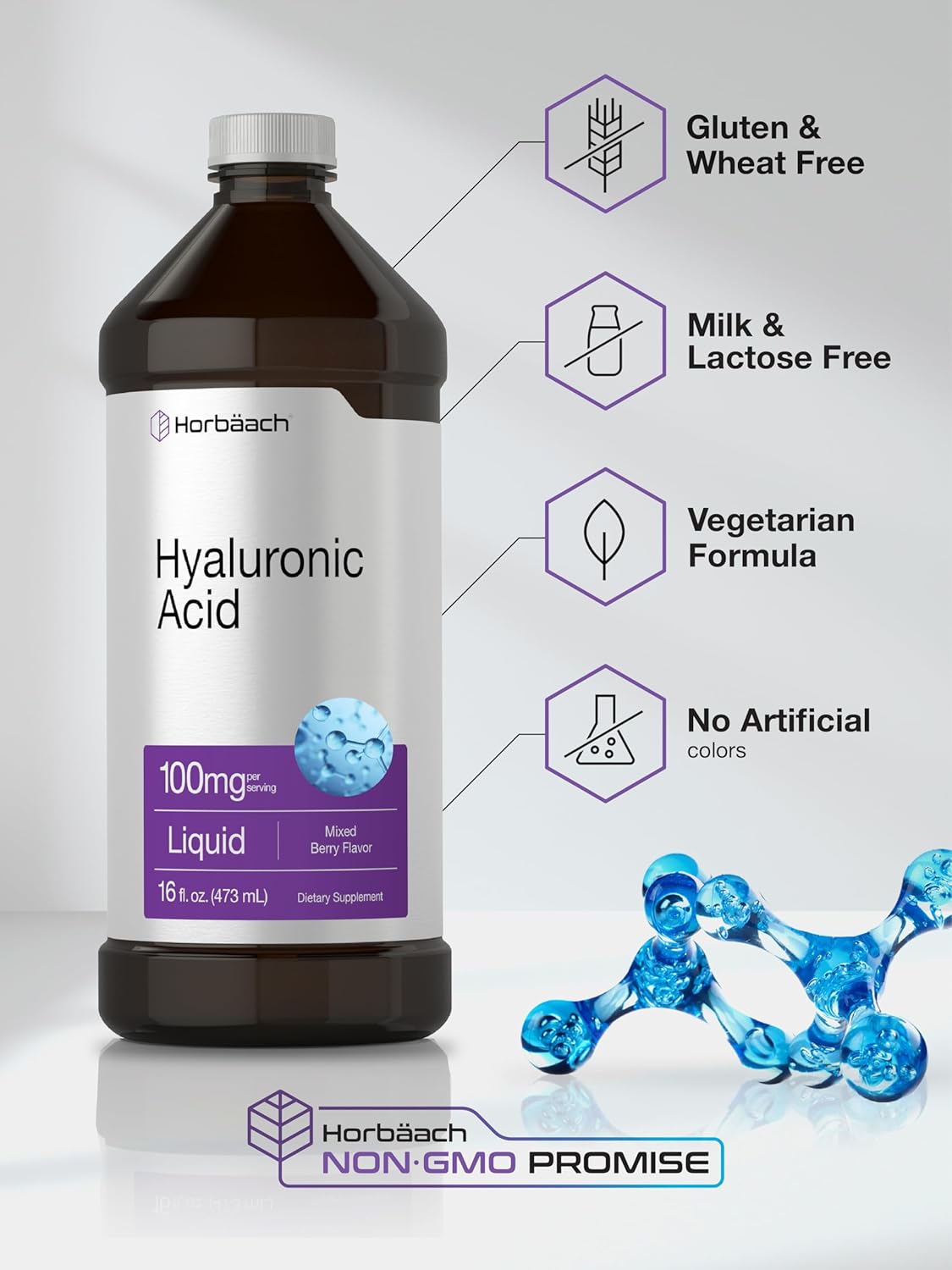 Horbäach Liquid Hyaluronic Acid Supplement | 100 mg | 16 oz | Mixed Berry Flavor | Non-GMO and Gluten Free Formula : Health & Household