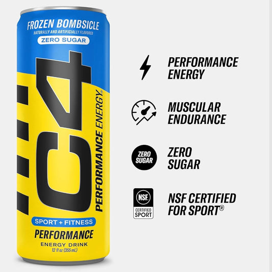 C4 Energy Drink 12Oz (Pack Of 12) - Frozen Bombsicle - Sugar Free Pre Workout Performance Drink With No Artificial Colors Or Dyes