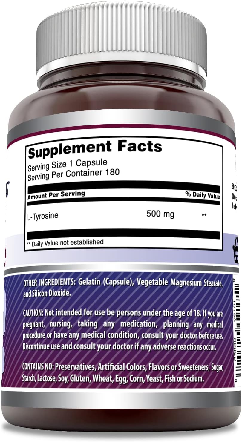 Amazing Formulas L Tyrosine 500mg Capsules Supplement | Non-GMO | Gluten Free | Made in USA (180 Count (Pack of 1))