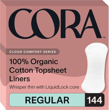 Cora Period Regular Liners | 100% Organic Cotton Topsheet | Ultra Thin, Quick Absorbency | Hypoallergenic | Dermatologically Tested | Unscented, No Wings (144 Liners)