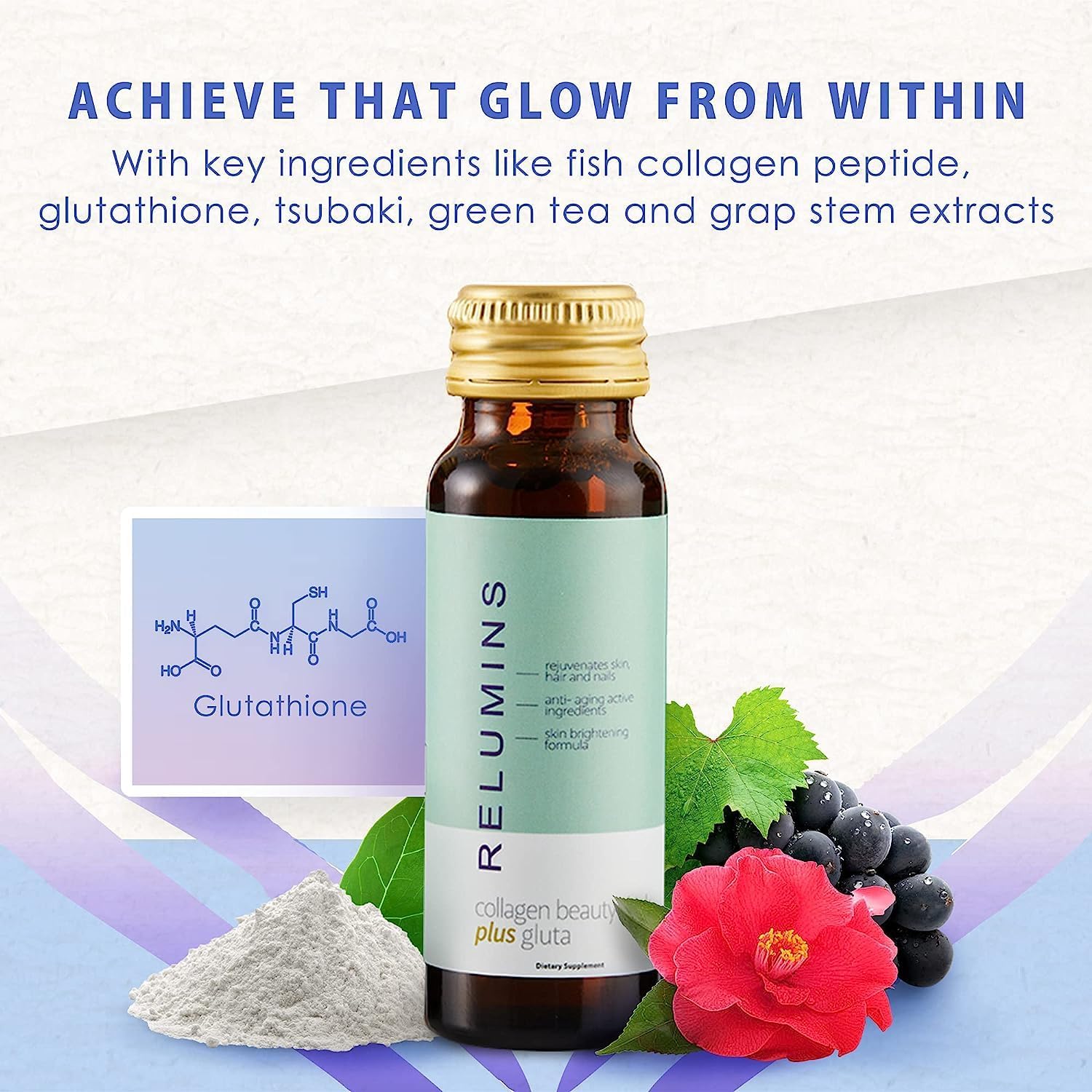 Relumins Advance Rejuvenating Collagen Beauty Drink With Glutathione, Hyaluronic, Coq10, Egcg, Resveratrol & More - Fight Signs Of Aging With All-Natural Ingredients - Apple Flavor- Ten 50Ml Drinks : Health & Household