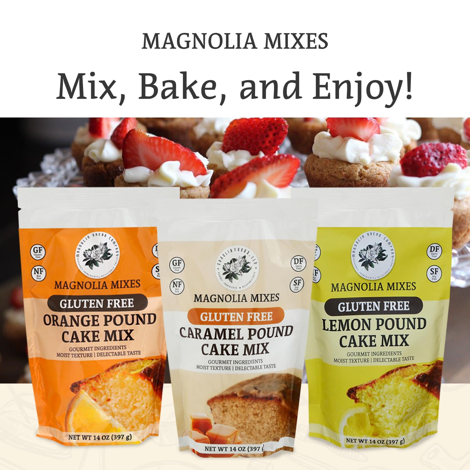 Magnolia Mixes Gluten-Free Pound Cake Variety Pack - Lemon, Orange, and Caramel Flavors - Easy 3-Step Baking with Premium Ingredients - Moist & Delicious - 14oz Each (3-Pack) : Grocery & Gourmet Food