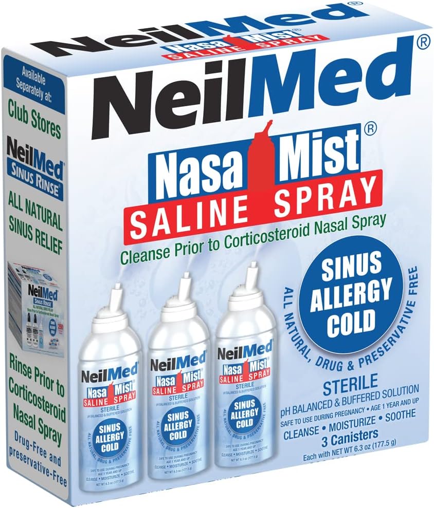 NeilMed NasaMist Isotonic Saline Spray. Soothe, Moisturize and Cleanse Using Specially Designed tip. 177mL. Contains 3 NasaMist canisters