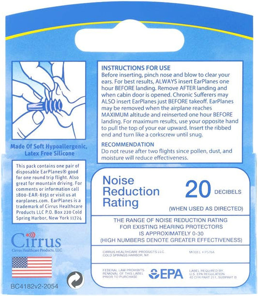 Earplanes Earplugs Ear Protection From Flight Air And Noise Sound, 1 Pair