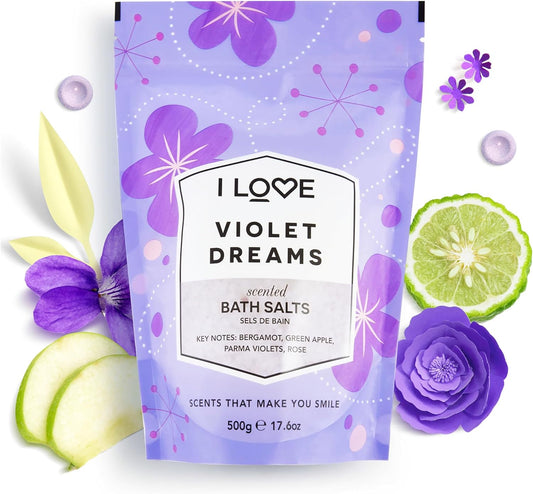 I Love Violet Dreams Scented Bath Salts, With 99% Naturally Derived Ingredients Including Acb Biowater Bamboo, Lightly Fragranced Leaving Skin Feeling Silky & Smooth, Veganfriendly 500G
