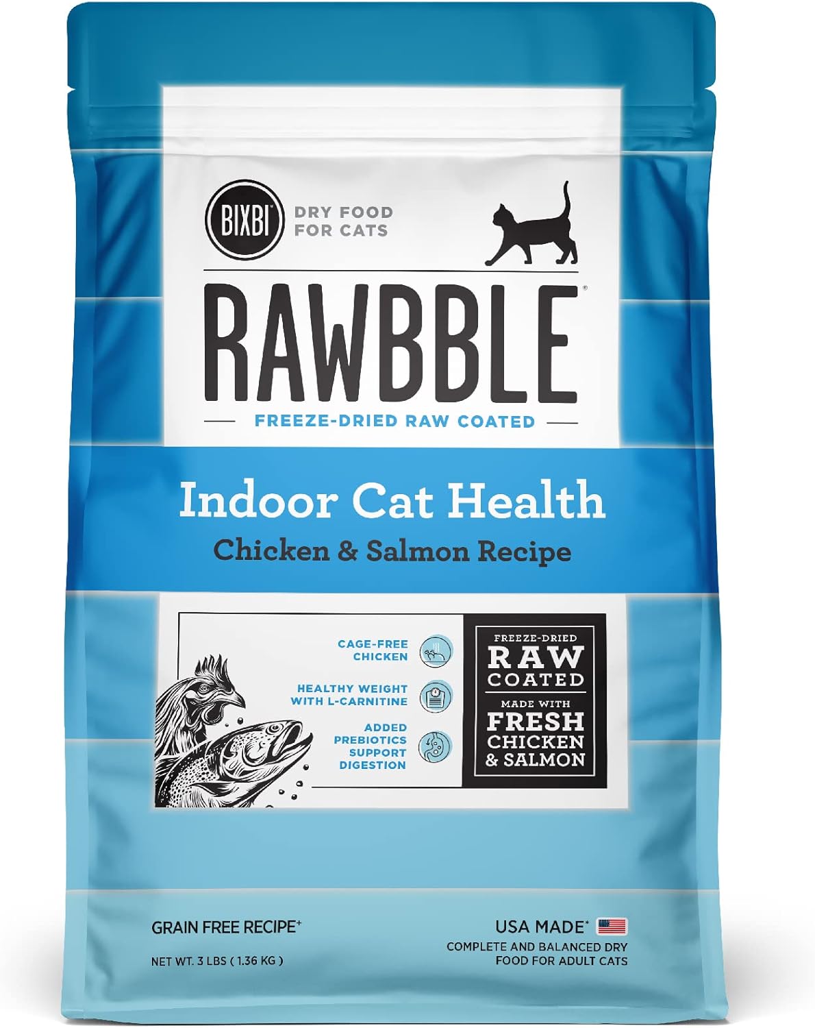 Bixbi Rawbble Dry Food Chicken Salmon Recipe For Indoor Cats, 3Lb