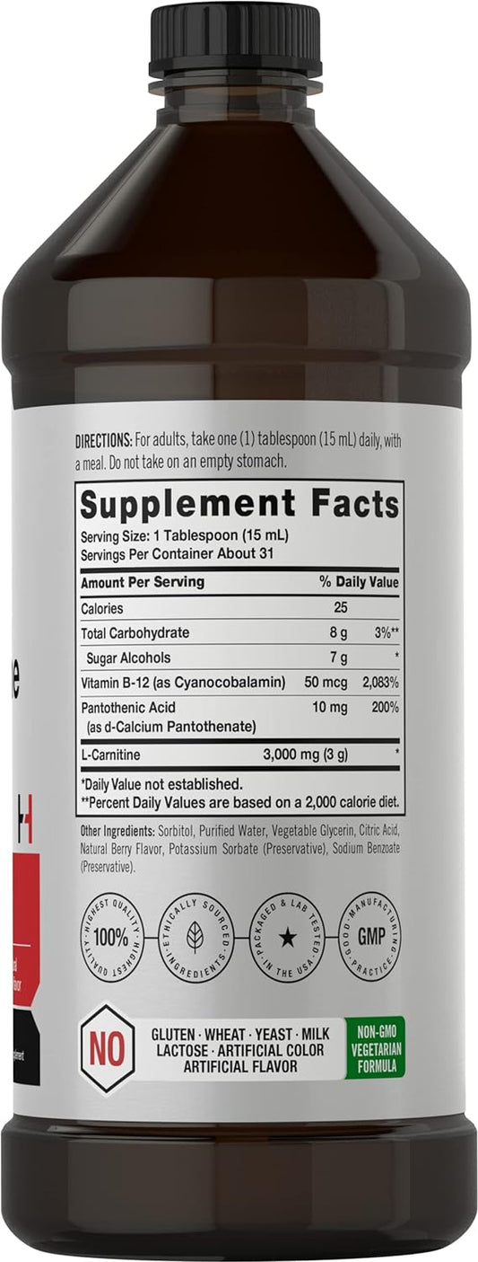 Horbäach L-Carnitine Liquid 16 Oz | 3000 Mg | Berry Flavor | Vegetarian Formula | Non-Gmo, Gluten Free Supplement