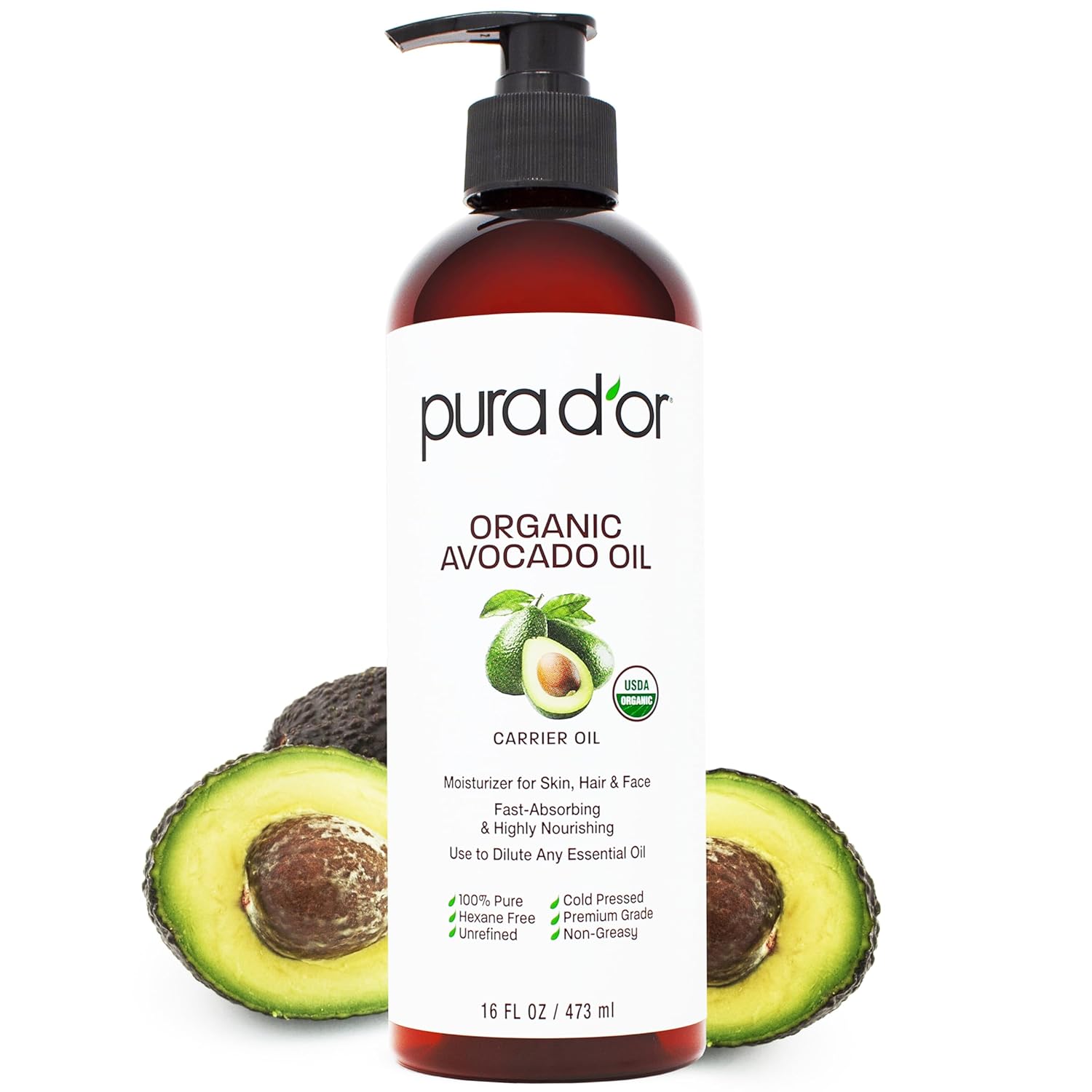 Pura D'Or 16 Oz Organic Avocado Oil - 100% Pure & Natural Usda Certified Cold Pressed Carrier Oil For Diy Beauty, Non-Greasy, Unscented, Hexane Free Liquid Moisturizer - Face Skin & Hair - Men & Women