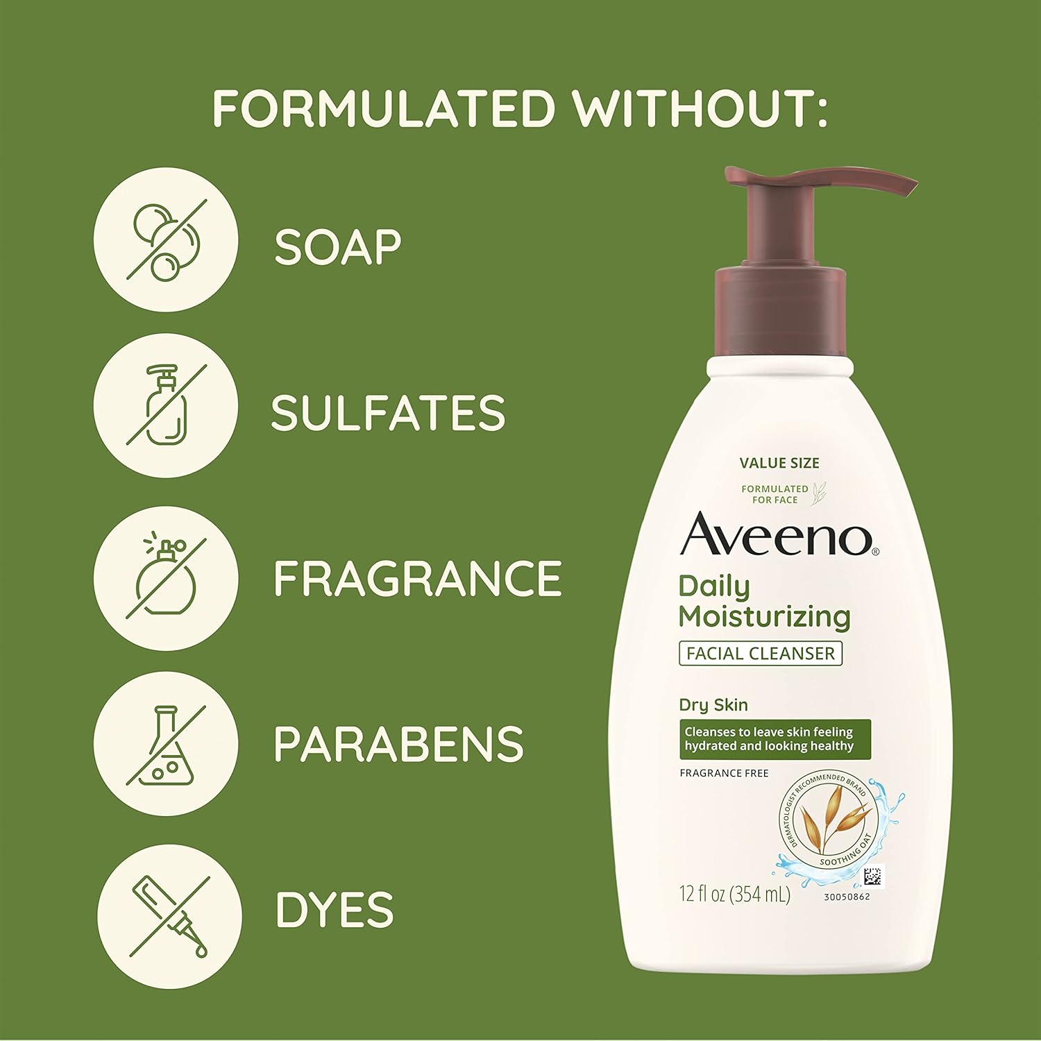 Aveeno Daily Moisturizing Facial Cleanser for Dry Skin, Gentle Face Cleanser with Soothing Oat for Skin that Feels Soft & Supple, Removes Dirt, Oil and Impurities, Fragrance Free, 12 FL OZ : Beauty & Personal Care