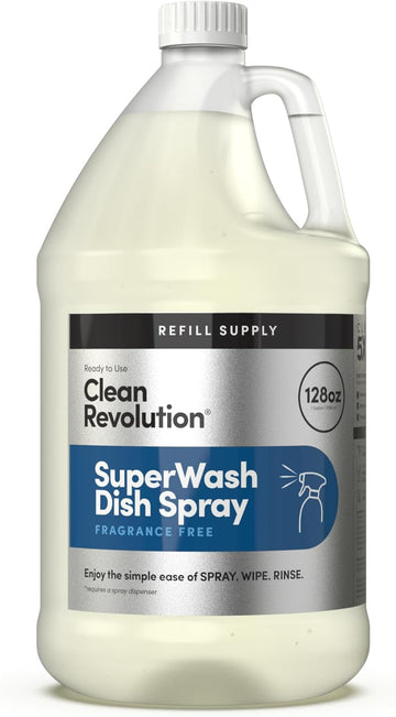 Clean Revolution Dish Spray, Refill Supply, Powerful Formula Cuts Through Grease, Fragrance Free, 128 Fl Oz