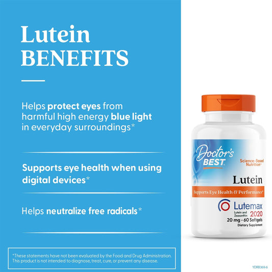 Doctor'S Best Lutein Featuring Lutemax, Non-Gmo, Gluten Free, Eye Health, 20 Mg, 60 Softgels