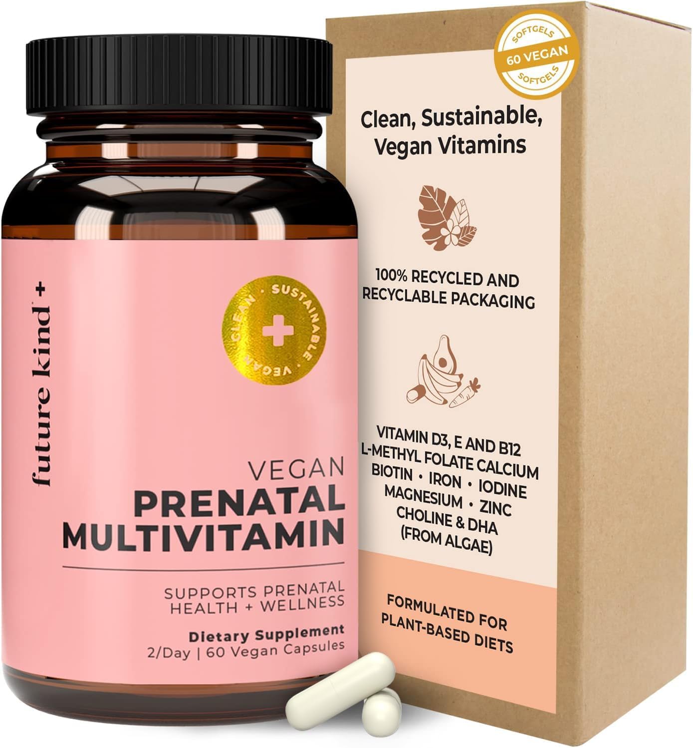 Future Kind Vegan Prenatal Vitamin - (60Ct) Prenatal Vitamins With Dha & L-Methylfolate In Glass Bottle - Prenatal Folate Supplement For Women With Vitamin D & E, Iron, Biotin, Gluten-Free & Non-Gmo
