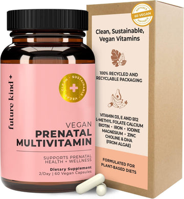 Future Kind Vegan Prenatal Vitamin - (60Ct) Prenatal Vitamins With Dha & L-Methylfolate In Glass Bottle - Prenatal Folate Supplement For Women With Vitamin D & E, Iron, Biotin, Gluten-Free & Non-Gmo