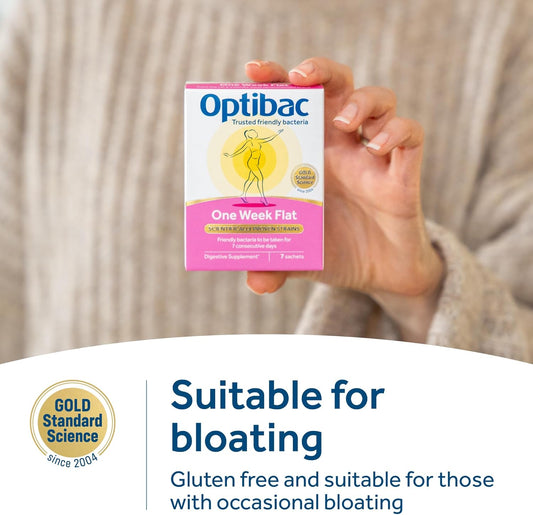 Optibac Probiotics One Week Flat - Vegan Digestive Probiotic Supplement Suitable For Bloating With 5 Billion Bacterial Cultures - 4 Week Supply - 28 Powder Sachets